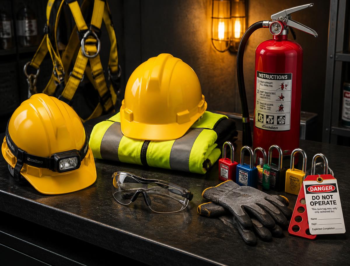 Workplace safety equipment including helmets, harness and fire extinguisher