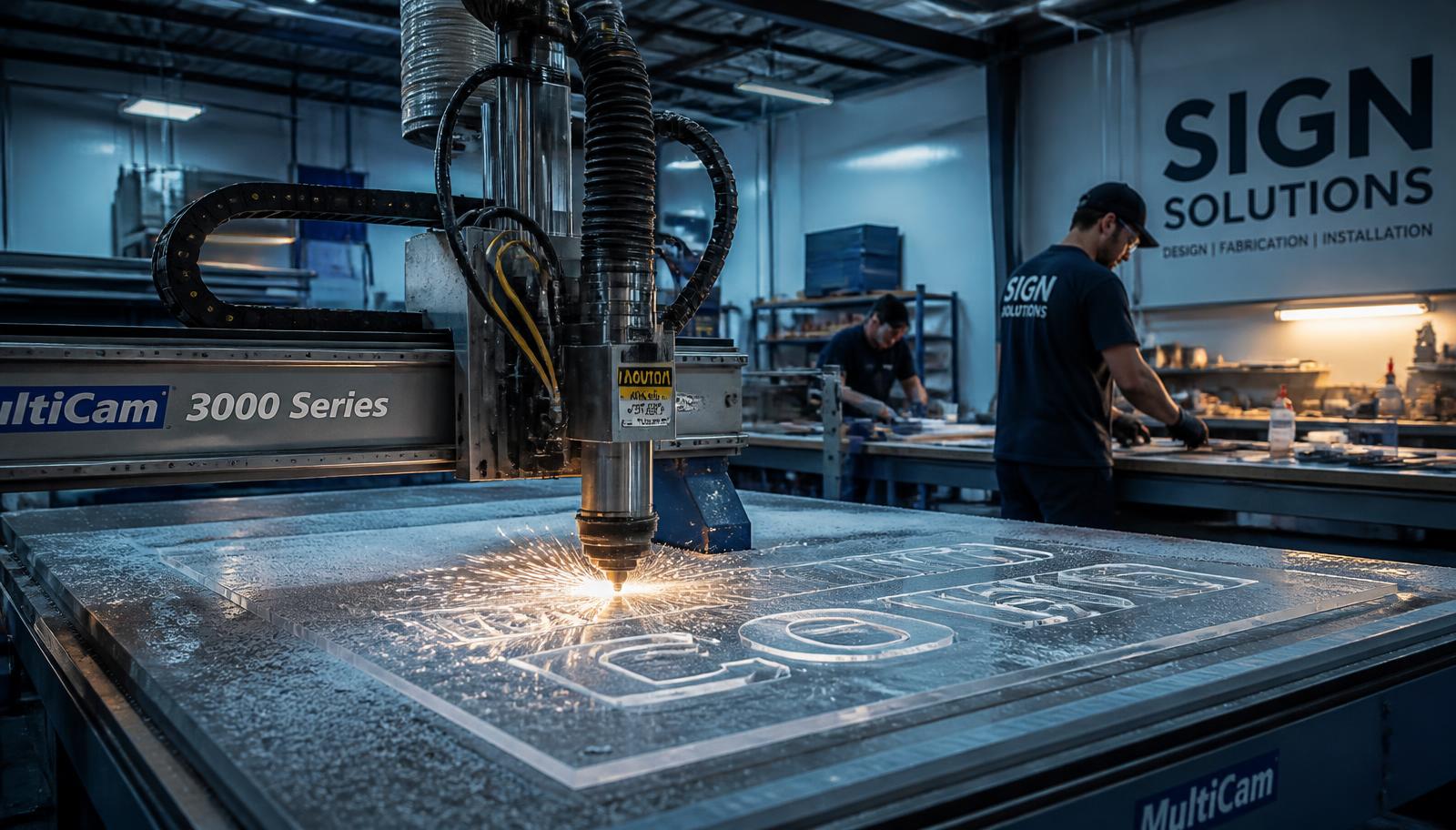 Signage fabrication workshop with a CNC router cutting acrylic sheet